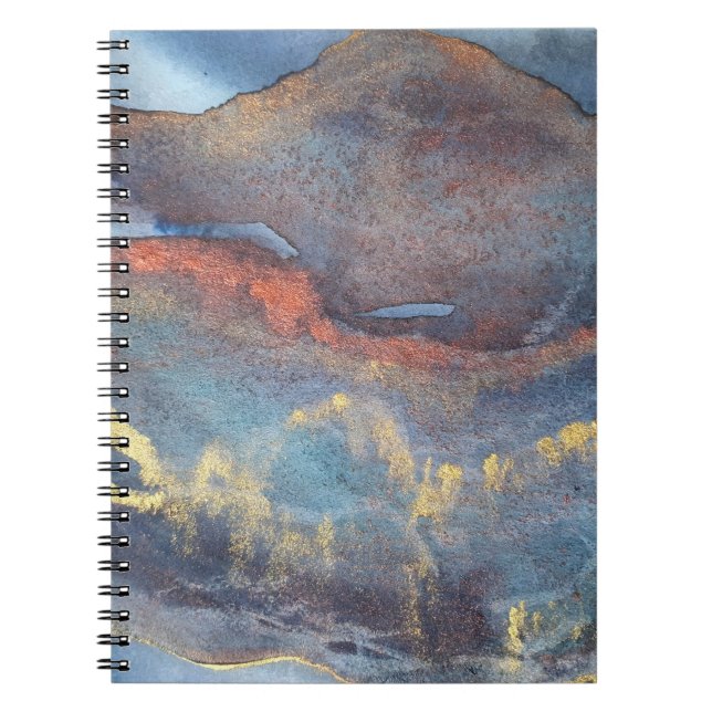 Caderno Espiral Marinho abstrato Azul Dourado Aquarela Elegante Mo (Frente)