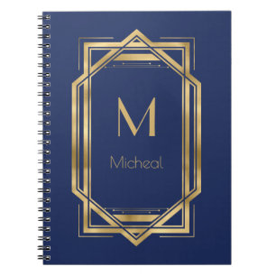 Caderno Espiral Marinho Azul e Dourado Geométrico Monograma e n