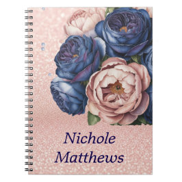 Caderno Espiral Marinho azul e Rosa Dourado Floral