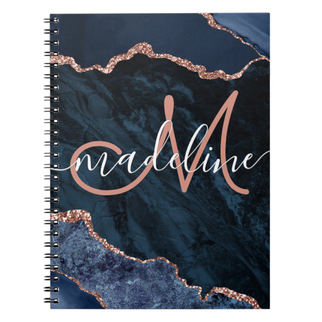 Caderno Espiral Marinho Azul Geode Agate Rosa Glitter Monograma (Frente)