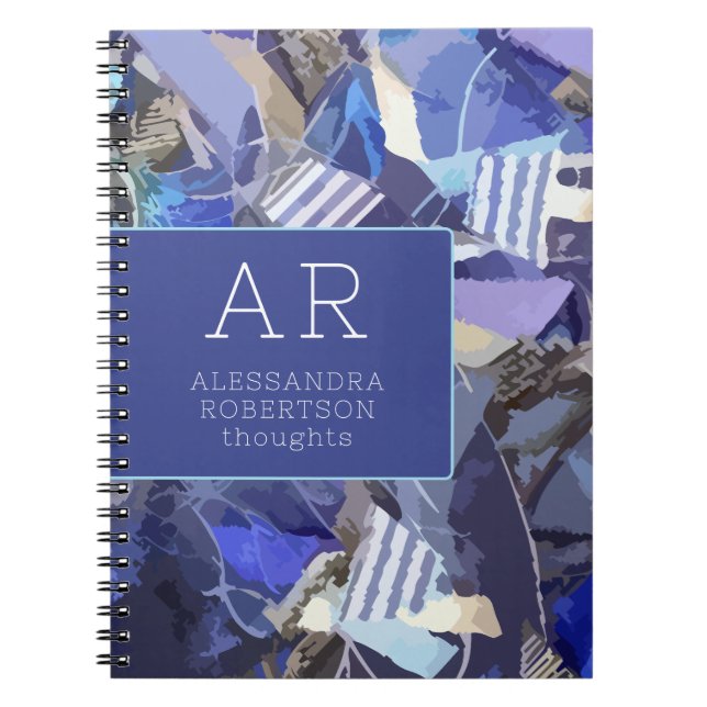Caderno Espiral Marinho azul monograma abstrato tiras brancas roxa (Frente)