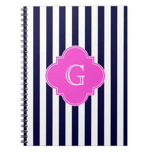 Caderno Espiral Marinho Blu White Stripe Quatrefoil Rosa Quente Mo