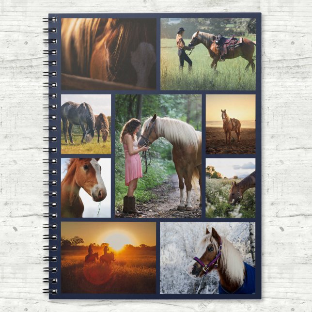 Caderno Espiral Marinho Blue Photo Collage Horse Personalizado (Criador carregado)