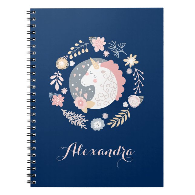 Caderno Espiral Marinho Blush Whimsical Unicorn Wreath (Frente)
