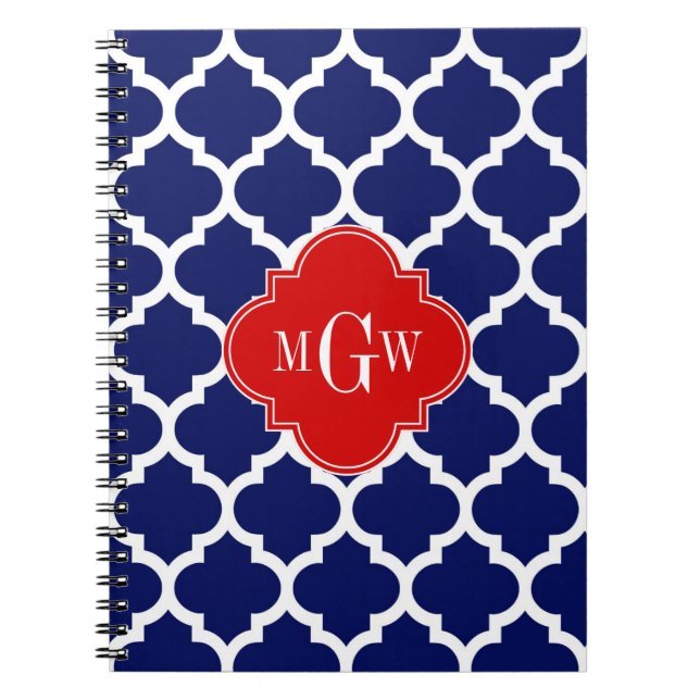 Caderno Espiral Marinho Branco marroquino #5 Vermelho 3 Monograma  (Frente)