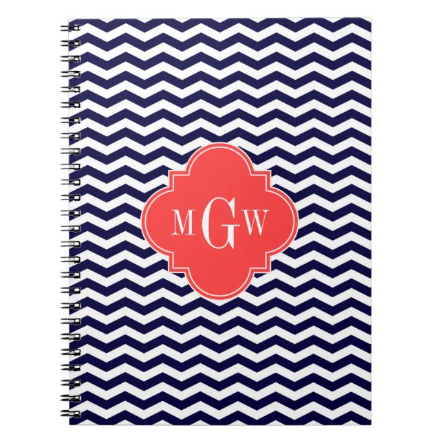 Caderno Espiral Marinho Chevron Coral Vermelho Quatrefoil 3 Monogr (Frente)