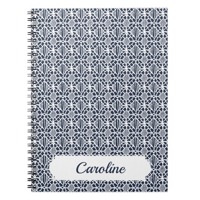 Caderno Espiral Marinho Com Padrão De Lace De Crochet Branco (Frente)