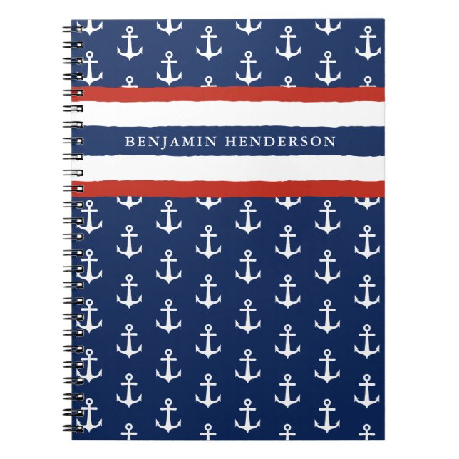 Caderno Espiral Marinho de Ângulo Náutico Vermelho Branco Azul Nom (Frente)