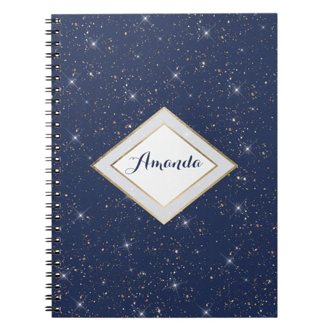Caderno Espiral Marinho de luxo padrão de brilho dourado azul-bril (Frente)