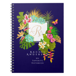 Caderno Espiral Marinho de Monograma de Jardim Tropical
