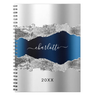 Caderno Espiral Marinho de prata azul-agate marble name script ele