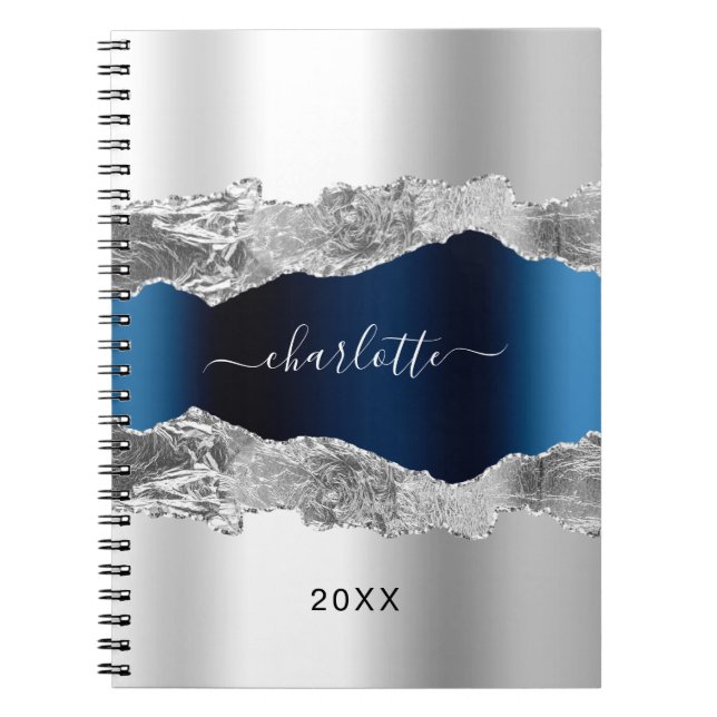 Caderno Espiral Marinho de prata azul-agate marble name script ele (Frente)