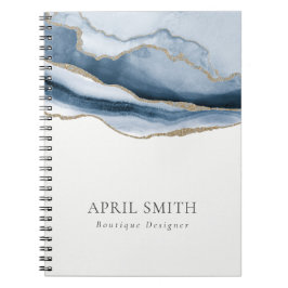 Caderno Espiral Marinho Elegante Abstrato Azul Agate Dourado Water