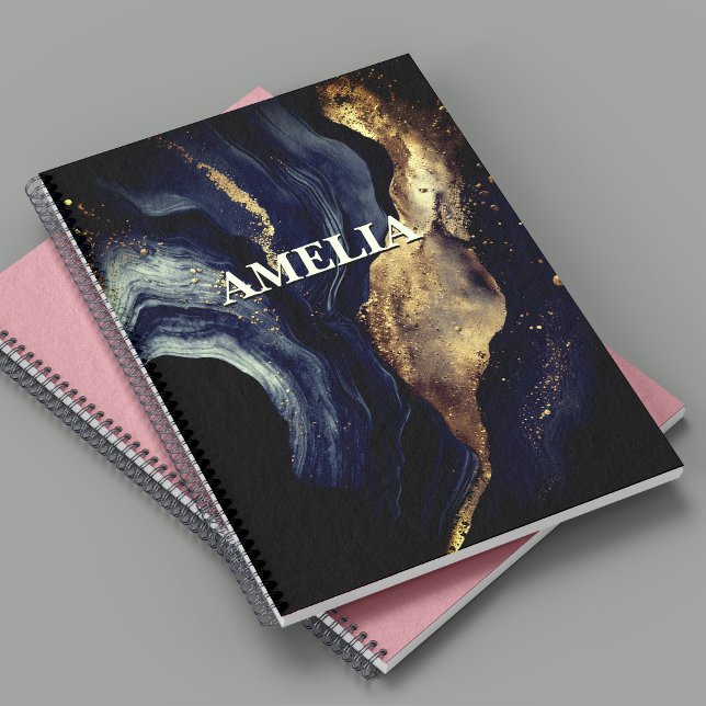 Caderno Espiral Marinho elegante, mármore-art, dourado falso (Criador carregado)