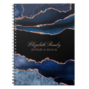 Caderno Espiral Marinho Elegante Rosa Azul, Dourado Agate Geode Bu