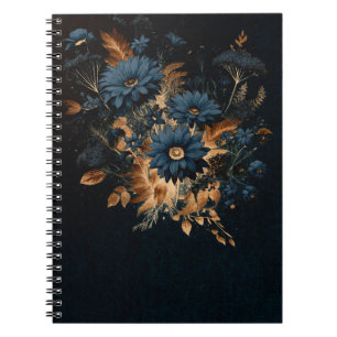 Caderno Espiral Marinho Escuro Azul e Dourado Floral Glam Boho