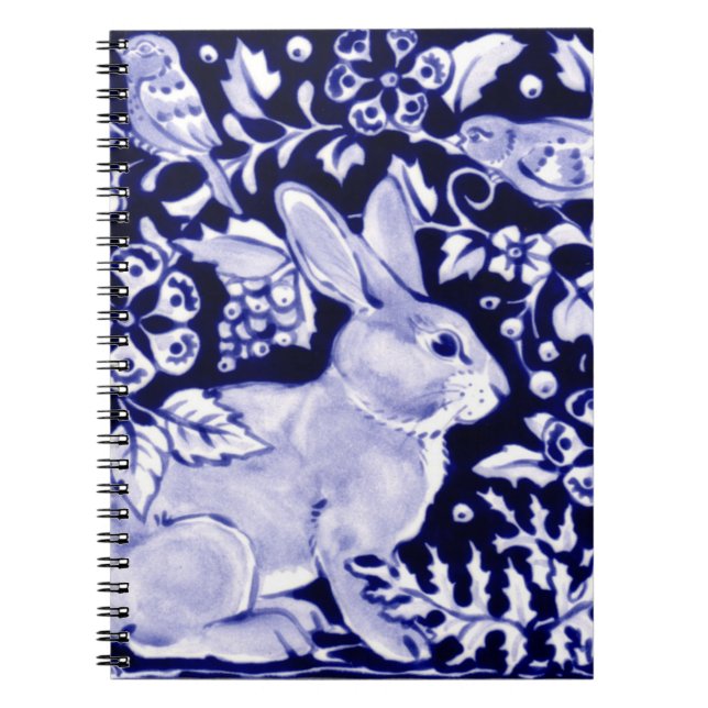 Caderno Espiral Marinho Floral Clássico Azul e Coelho Branco e Ave (Frente)