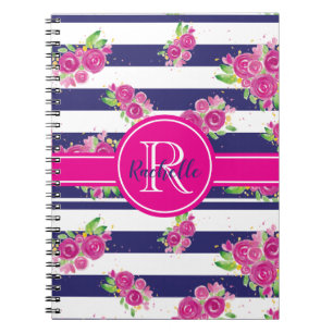 Caderno Espiral Marinho Floral Cor-de-Rosa Moderno, Na moda, Monog