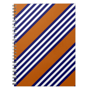 Caderno Espiral Marinho, listras brancas e azuis com laranja queim