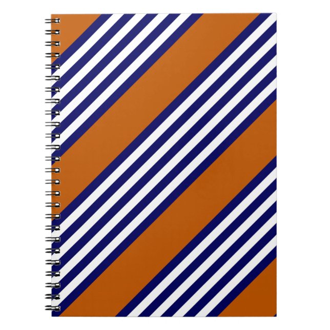 Caderno Espiral Marinho, listras brancas e azuis com laranja queim (Frente)