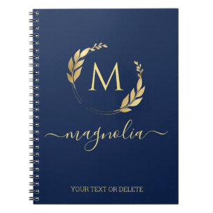 Caderno Espiral Marinho simples Azul Dourado Monograma Nome inicia