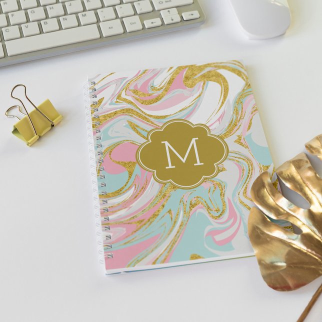 Caderno Espiral Mármaco Azul Dourado Cor-de-rosa, Monograma (Criador carregado)