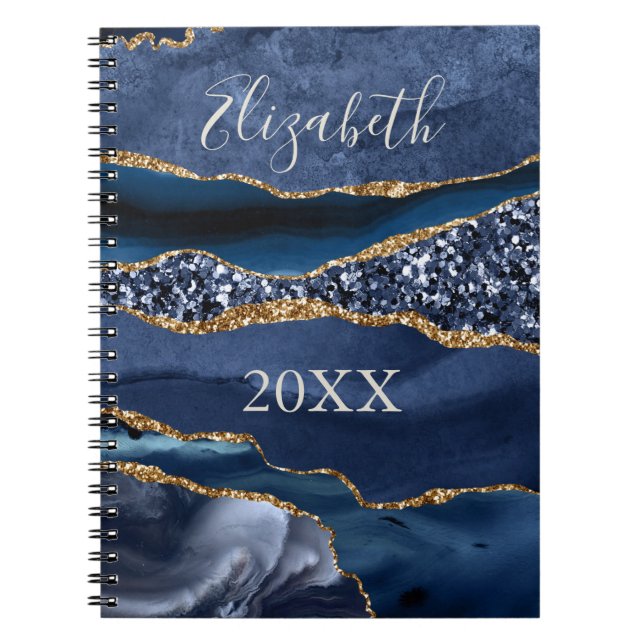 Caderno Espiral Mármaco Azul, Glitter Agitado Dourado (Frente)