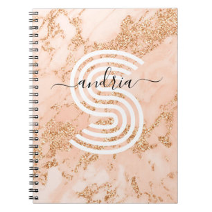 Caderno Espiral Mármaco com brilho Dourado rosa, nome do script Wh