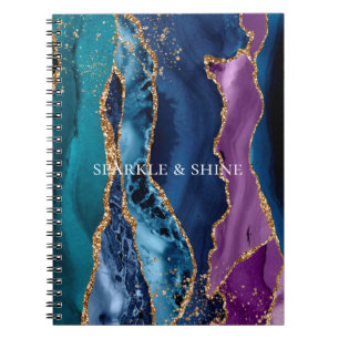 Caderno Espiral Mármaco Dourado azul-roxo-turquesa
