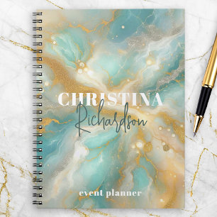 Caderno Espiral Mármore Aquamarine Brilho Dourado Luxo Elegante