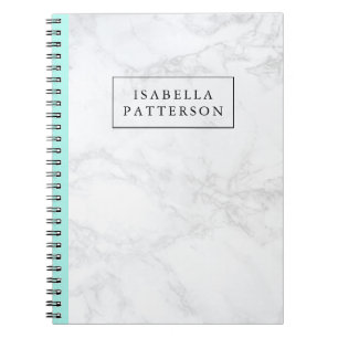 Caderno Espiral Mármore Branco com Ênfase Azul Aqua Personalizado