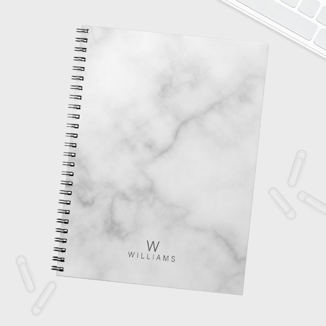 Caderno Espiral Mármore Branco com Monograma Personalizado e Nome (Criador carregado)
