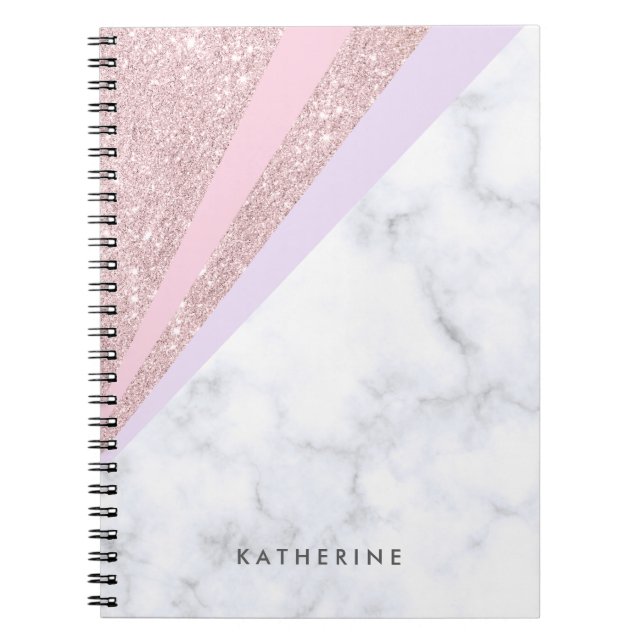 Caderno Espiral Mármore branco de ouro-rosa geométrico elegante (Frente)