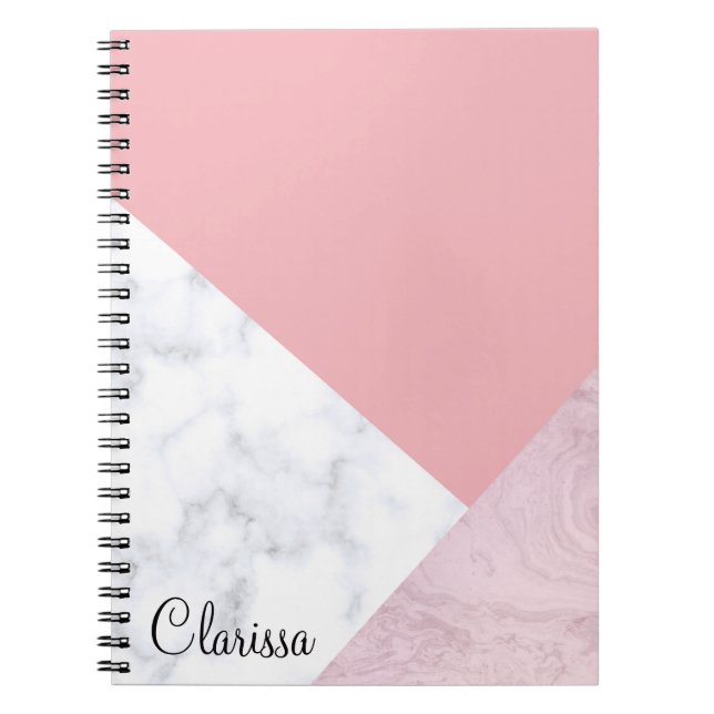 Caderno Espiral Mármore branco do rosa pastel do pintinho elegante (Frente)