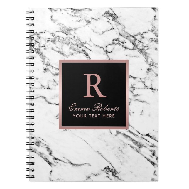 Caderno Espiral Mármore Branco Elegante Dourado de Rosa de Monogra (Frente)