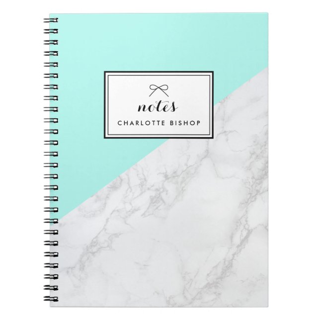 Caderno Espiral Mármore Branco Moderno com Notebook Aqua Azul (Frente)
