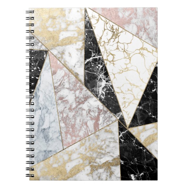 Caderno Espiral Mármore chique branco do preto cor-de-rosa (Frente)
