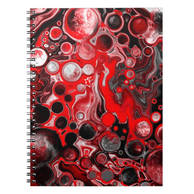 Caderno Espiral Mármore de Arte Líquida Vermelha, Preta e Branca (Frente)