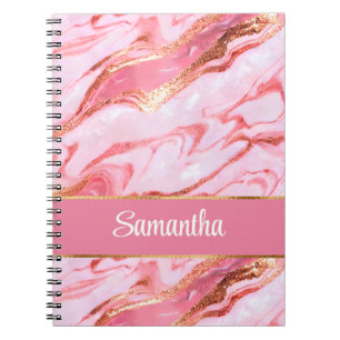 Caderno Espiral Mármore de folha rosa e dourada personalizado eleg