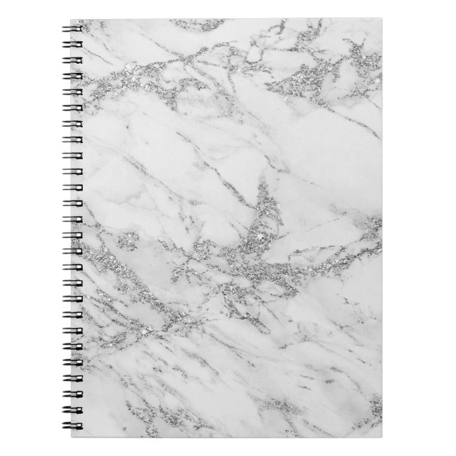 Caderno Espiral Mármore de prata cinzento branco chique elegante (Frente)