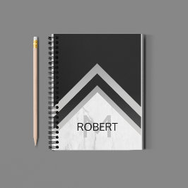 Caderno Espiral Mármore De Prata Preto De Chevron Geométrico Monog
