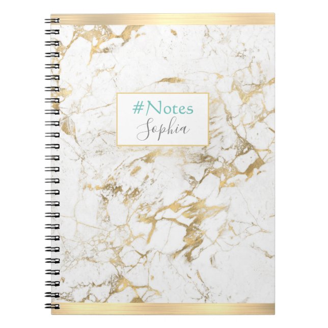 Caderno Espiral Mármore Dourado/Branco Elegante, Bares Dourados, N (Frente)