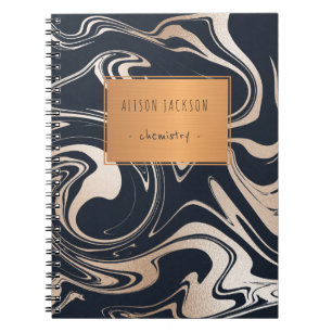 Caderno Espiral Mármore preto rosa dourado com escola de etiqueta 