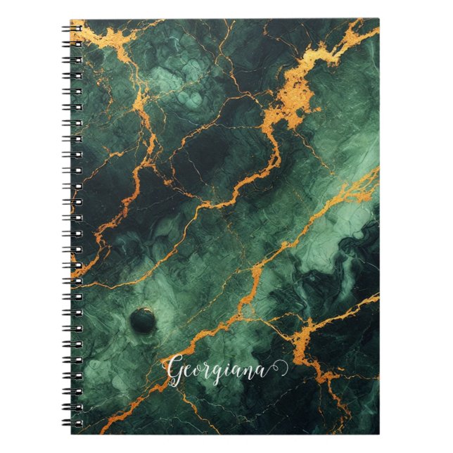 Caderno Espiral Mármore Verde e Dourado da Floresta Automática Per (Frente)