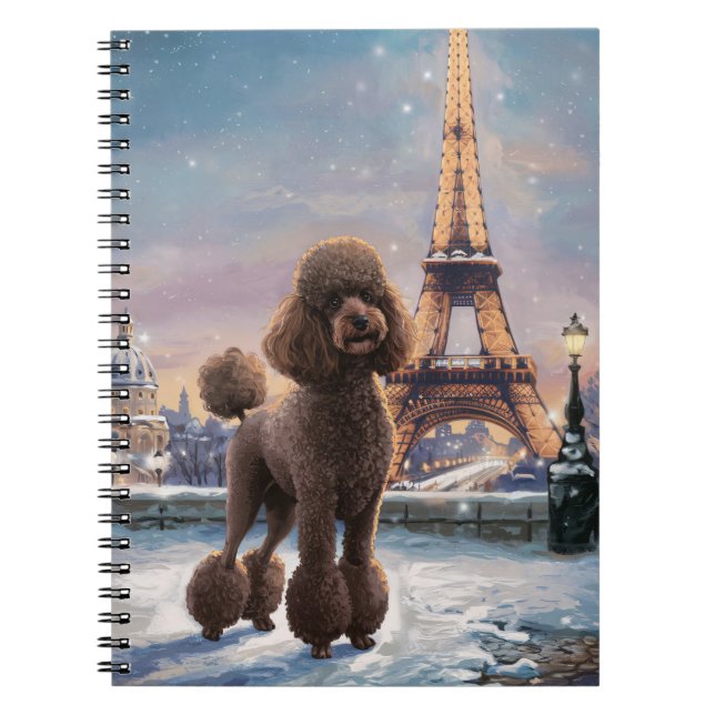 Caderno Espiral Marrom Poodle Winter em Paris pintando espiral de  (Frente)