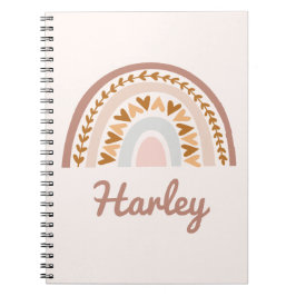Caderno Espiral Marrom rosa Boho Arco-Íris Nome Personalizado Mono