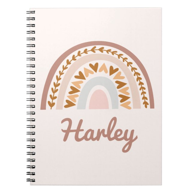Caderno Espiral Marrom rosa Boho Arco-Íris Nome Personalizado Mono (Frente)