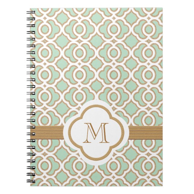 Caderno Espiral Marroquino verde e Dourado da hortelã Monogrammed (Frente)