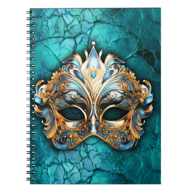 Caderno Espiral Máscara de Mascarada veneziana no solo turquesa (Frente)