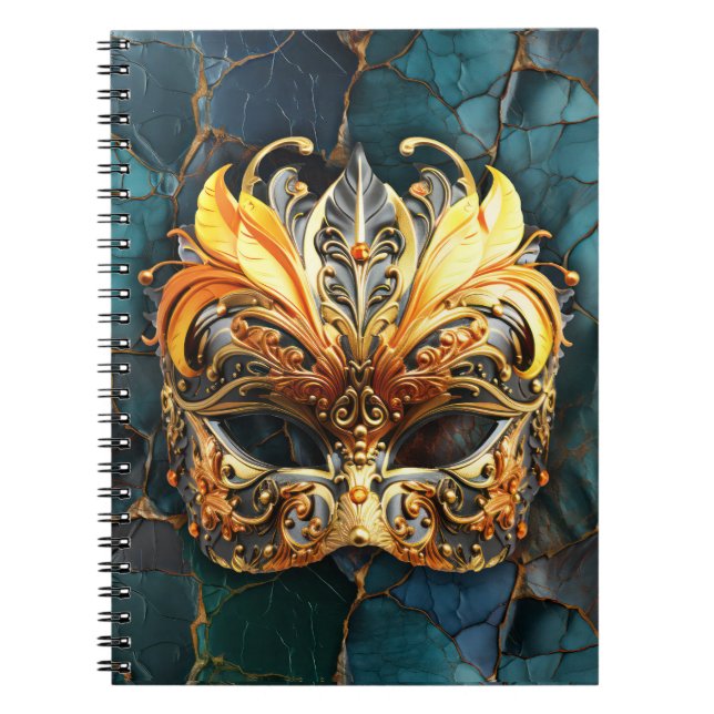 Caderno Espiral Máscara de ouro no Fundo das Veias Teais (Frente)
